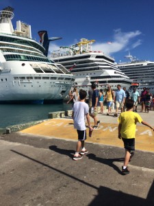 Many ships docked at Nassau... and my boys walking